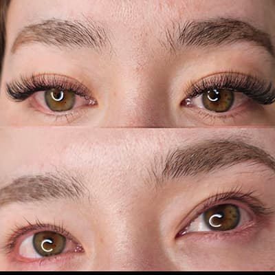 Dramatic before-and-after comparison of hybrid eyelash extensions by Diamond Eyelash Extensions in Melbourne, showcasing the transformative power of lash enhancements.