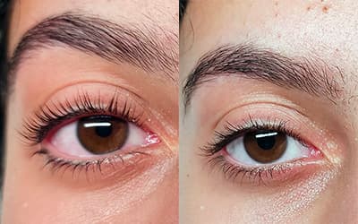  Close-up of beautifully lifted and tinted lashes by Diamond Eyelash Extensions in Melbourne, highlighting the natural curl and enhanced definition.
